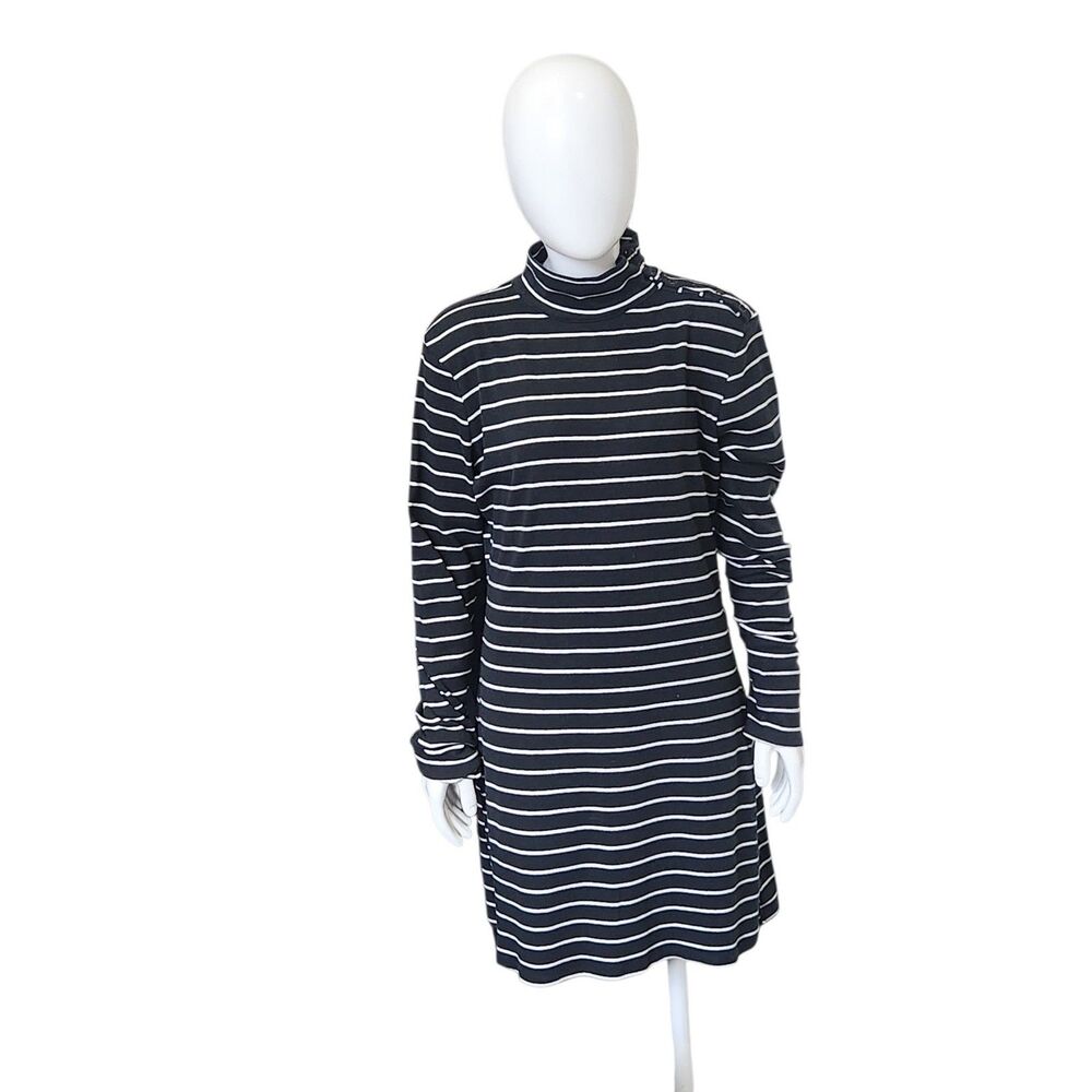 UO Indie Y2K Black Stripe Knit T-Shirt Dress L Shoulder Snap Mock Neck Office